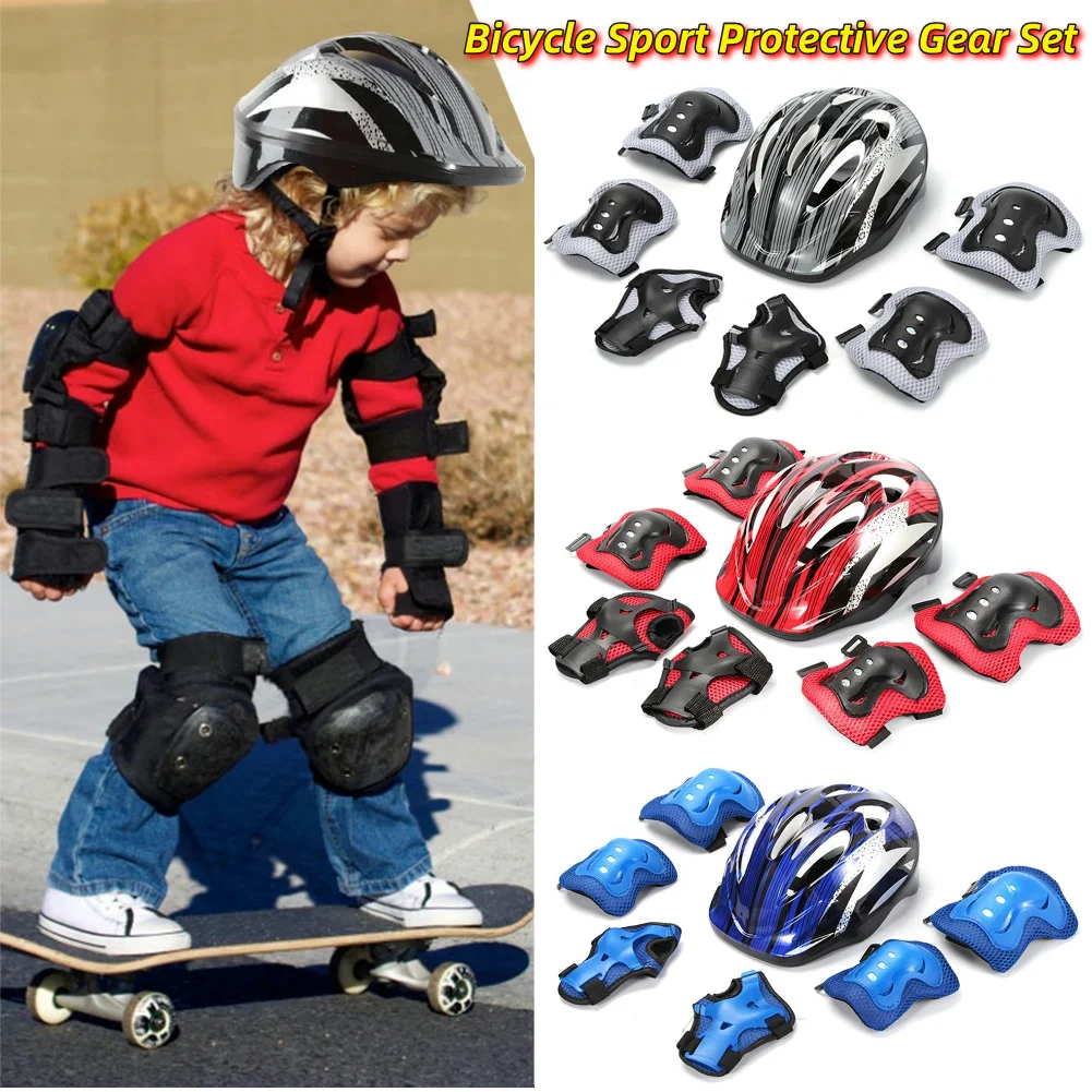 Cycling Gear For Kids - ชุดอุปกรณ์ป้องกันสำหรับกีฬาจักรยาน 7 ชิ้น ชุดหมวกนิรภัยสำหรับเด็กแบบปรับได้ ขนาด 48-55